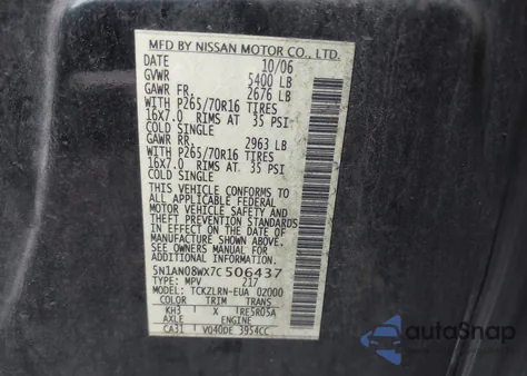 2007 Nissan Xterra Off Road/S/Se z USA, uszkodzony, nr VIN 5N1AN08WX7C506437